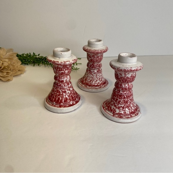 Set of 3 Vintage Portugal MM Pottery Redware Spongeware 4" Candle Holders